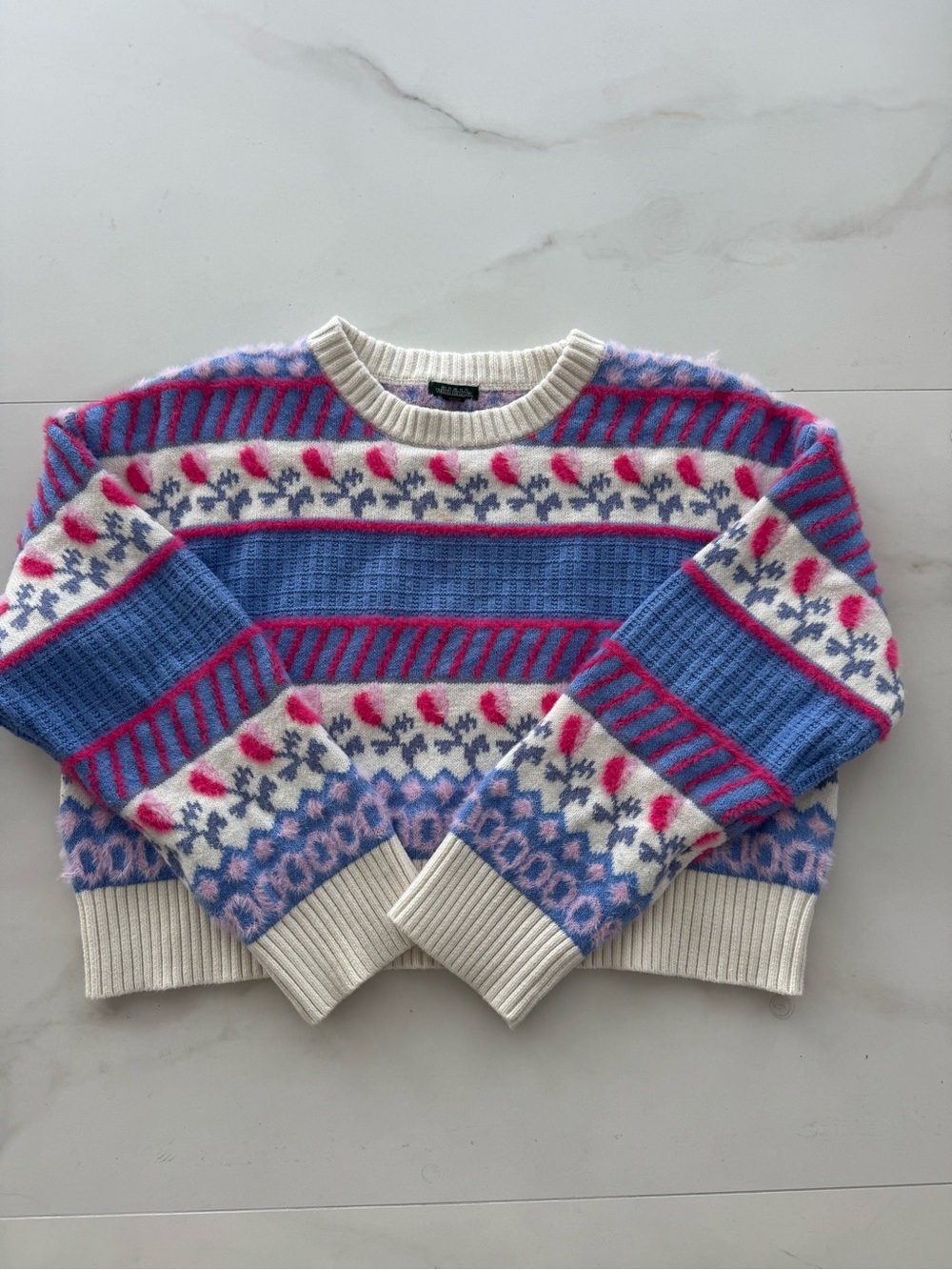 wild fable Multicolor Fair Isle Crewneck Sweater - Blue, Pink & Cream